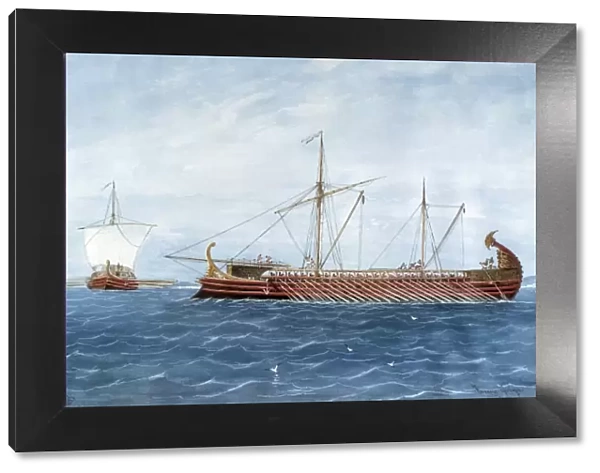 Greek triremes. Engraving. Warship appeared in