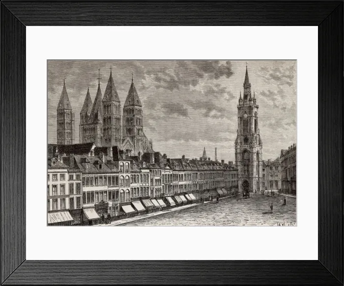 Framed Print : Tournai. Gran Place with bell tower and cathedra Framed Print : Tournai. Gran Place with bell tower and cathedra