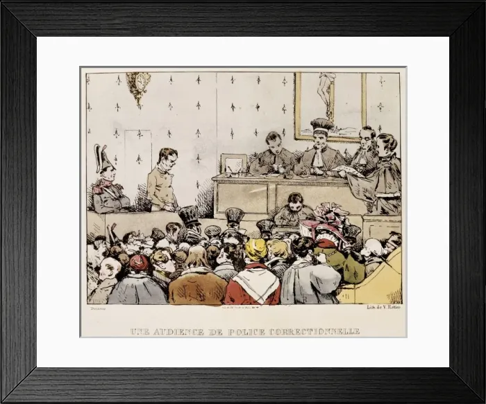 Framed Print : Une audience de police correcctionnelle. Illustration Framed Print : Une audience de police correcctionnelle. Illustration