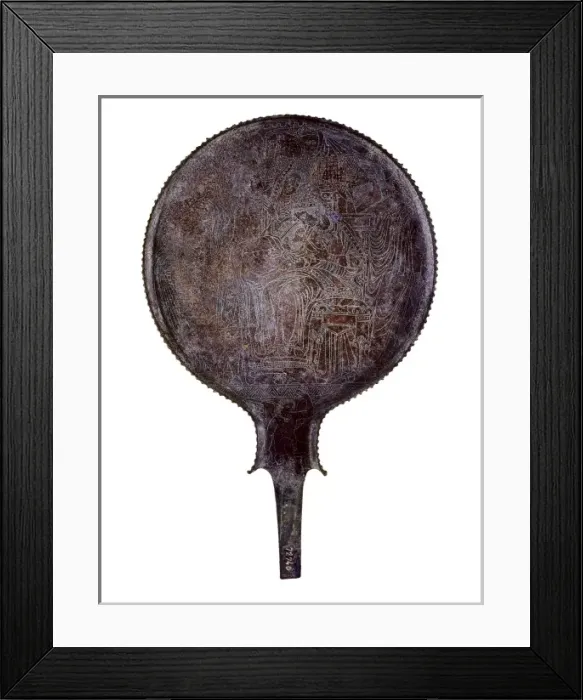 Framed Print : Mirror. 2nd c. BC. Carved drawing depicting a Framed Print : Mirror. 2nd c. BC. Carved drawing depicting a