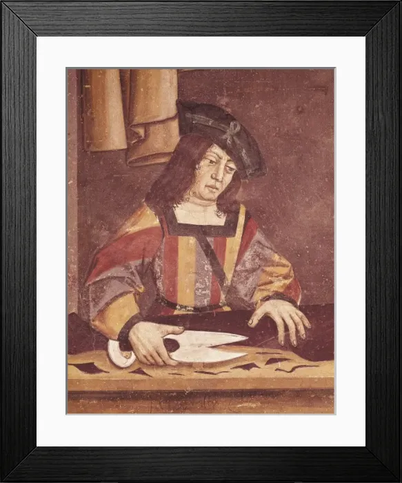 Framed Print : Cloth Merchant Cutting Cloth. 15th C. Detail Framed Print : Cloth Merchant Cutting Cloth. 15th C. Detail