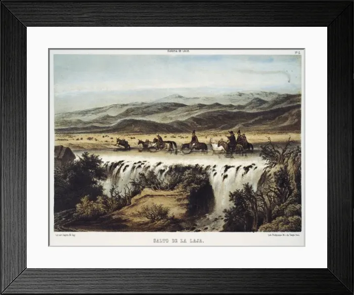Framed Print : Chile (1854). Falls of Laja river. Litography Framed Print : Chile (1854). Falls of Laja river. Litography