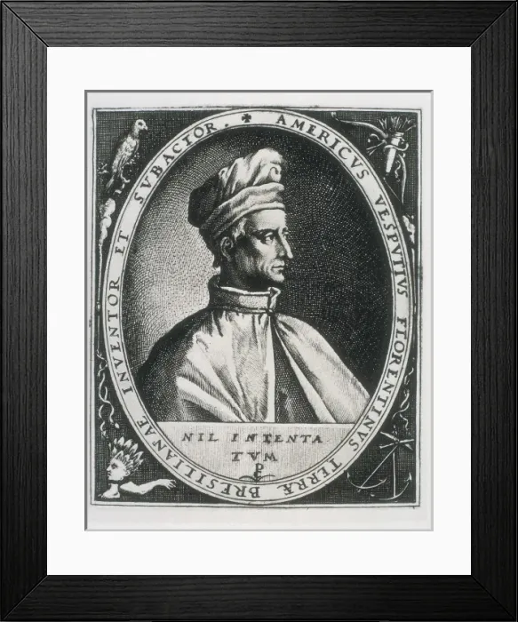 Framed Print : VESPUCCI, Amerigo (1454-1512). Portrait surrounded Framed Print : VESPUCCI, Amerigo (1454-1512). Portrait surrounded