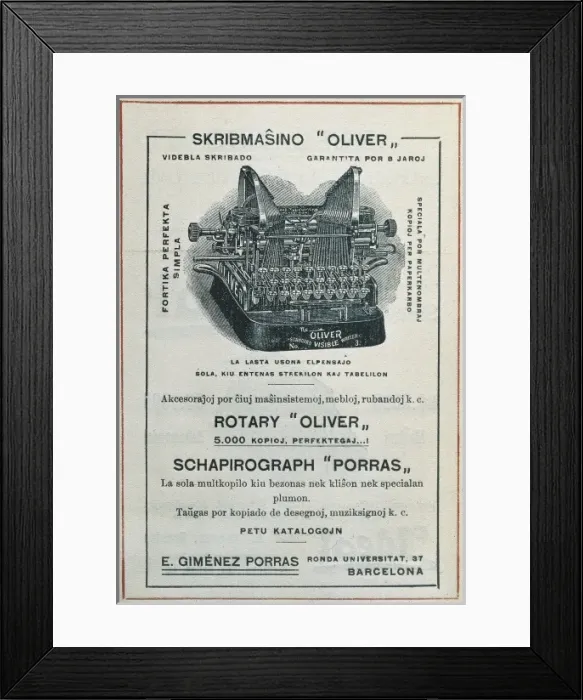 Framed Print : Advertisement in Esperanto on writing machines Framed Print : Advertisement in Esperanto on writing machines
