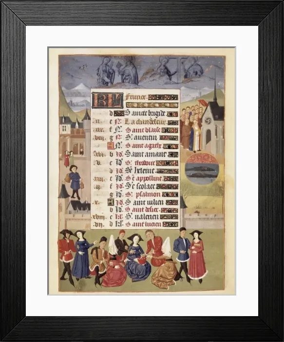 Framed Print : February. Procession and games. Gothic art. Miniature Framed Print : February. Procession and games. Gothic art. Miniature