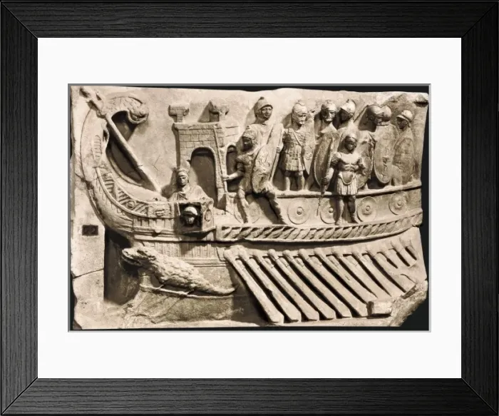 Framed Print : Roman war bireme (1st c. AD). Roman art. Early Framed Print : Roman war bireme (1st c. AD). Roman art. Early