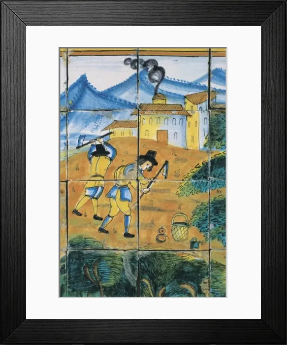 Framed Print : Glazed tile with farmers working the land. Ceramics Framed Print : Glazed tile with farmers working the land. Ceramics