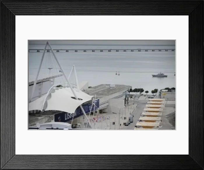Framed Print : PORTUGAL. Lisbon. A frigate patrols the waters Framed Print : PORTUGAL. Lisbon. A frigate patrols the waters