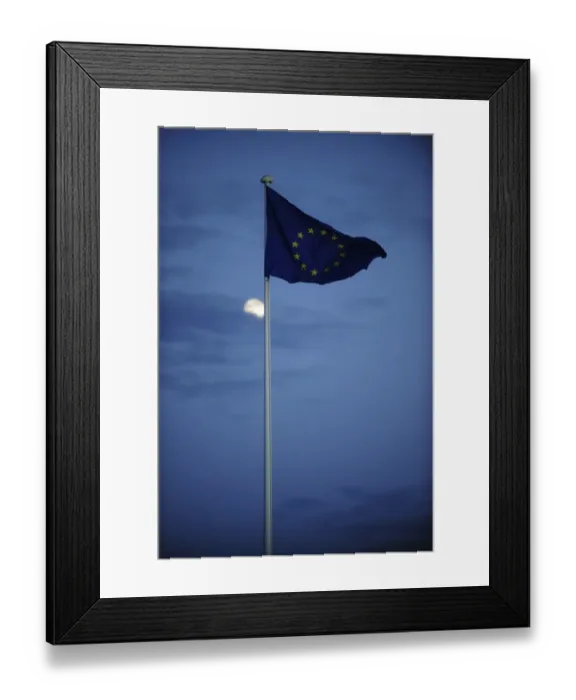 Framed Print : PORTUGAL. Lisbon. An European flag flies as moon Framed Print : PORTUGAL. Lisbon. An European flag flies as moon