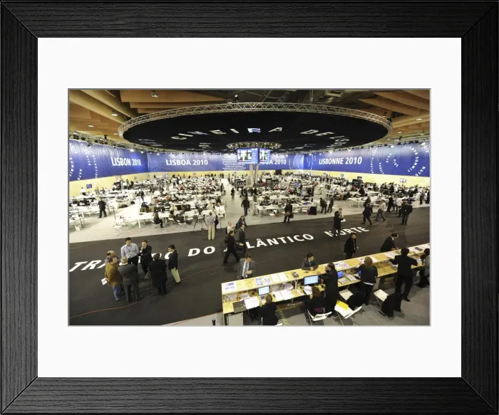 Framed Print : PORTUGAL. Lisbon. Journalists work at the NATO Framed Print : PORTUGAL. Lisbon. Journalists work at the NATO
