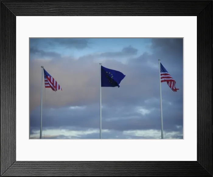 Framed Print : PORTUGAL. Lisbon. An European flag flies between Framed Print : PORTUGAL. Lisbon. An European flag flies between