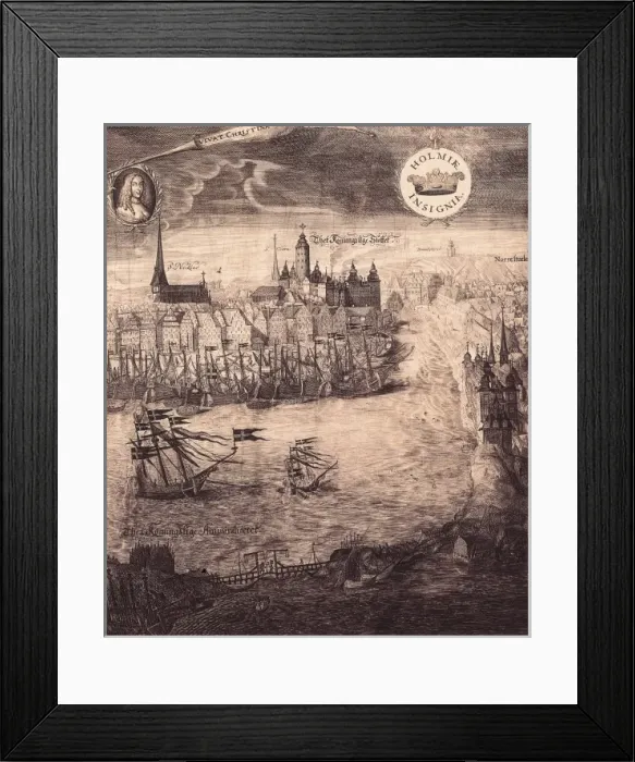 Framed Print : Stockholm in 17th c. with a portrait of Queen Framed Print : Stockholm in 17th c. with a portrait of Queen