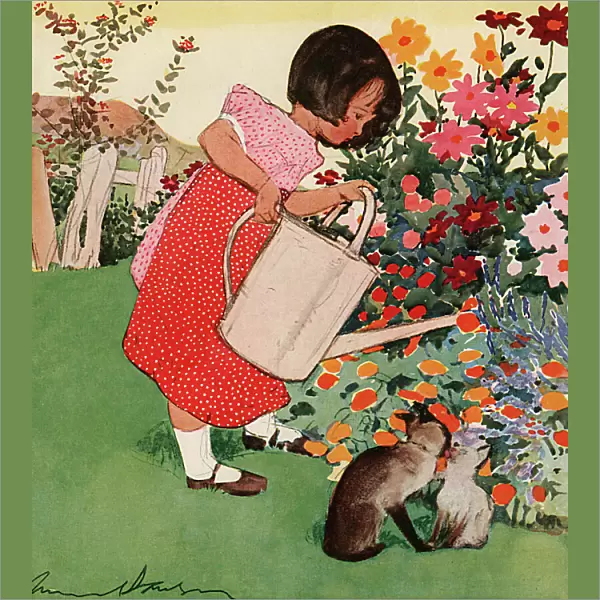 Little girl watering flowers by Muriel Dawson
