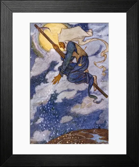 Framed Print : A Wood Witch flying over the land on her stick Framed Print : A Wood Witch flying over the land on her stick