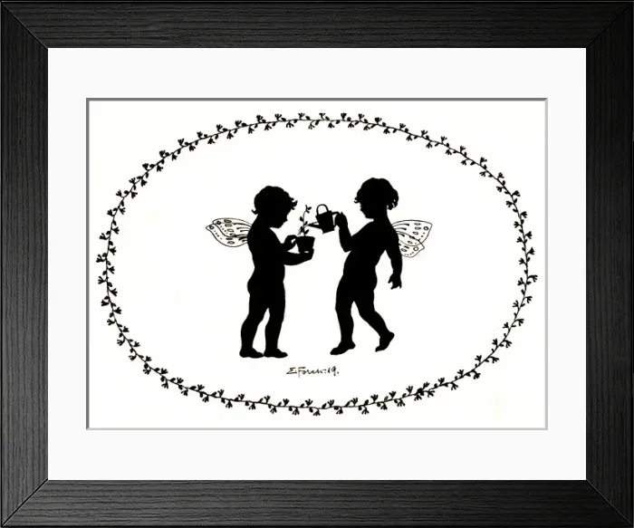 Framed Print : Silhouette of fairies tending a plant Framed Print : Silhouette of fairies tending a plant