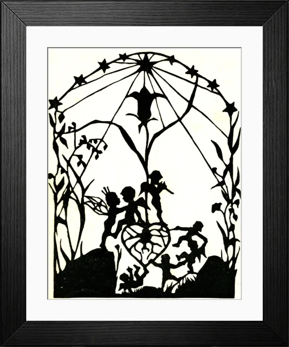Framed Print : Silhouette of fairies prancing around heart Framed Print : Silhouette of fairies prancing around heart