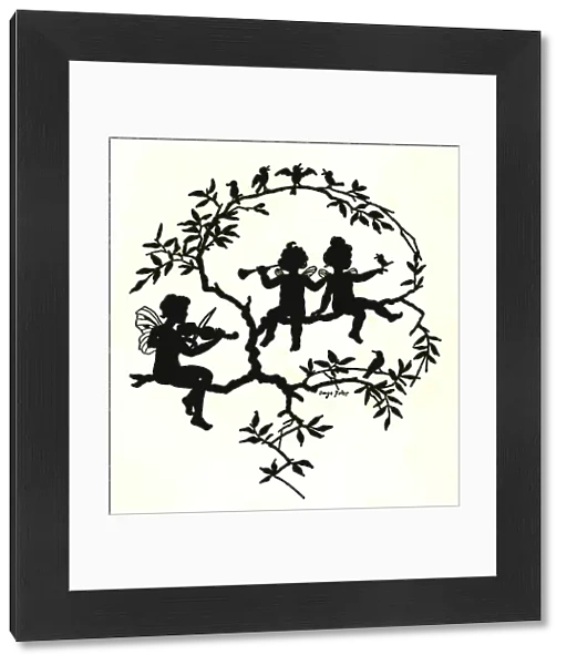 Silhouette of fairies and birds on a tree branch