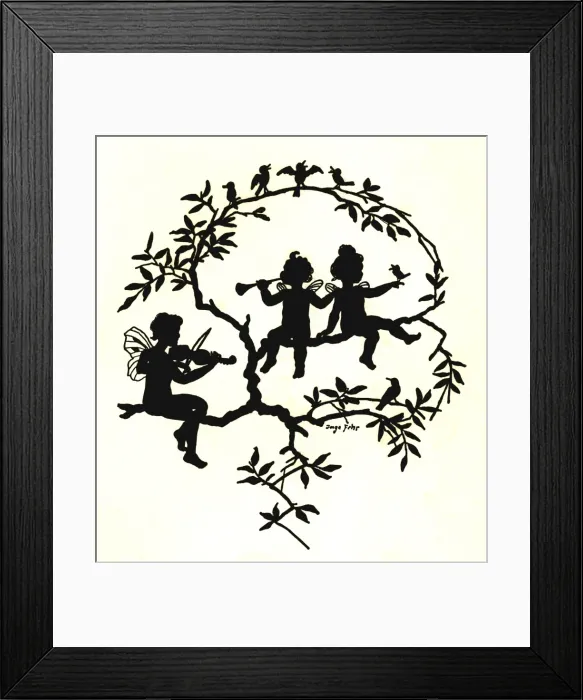 Framed Print : Silhouette of fairies and birds on a tree branch Framed Print : Silhouette of fairies and birds on a tree branch