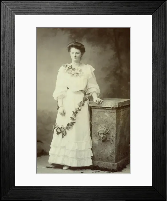 Framed Print : Woman in beautiful white dress and garland Framed Print : Woman in beautiful white dress and garland