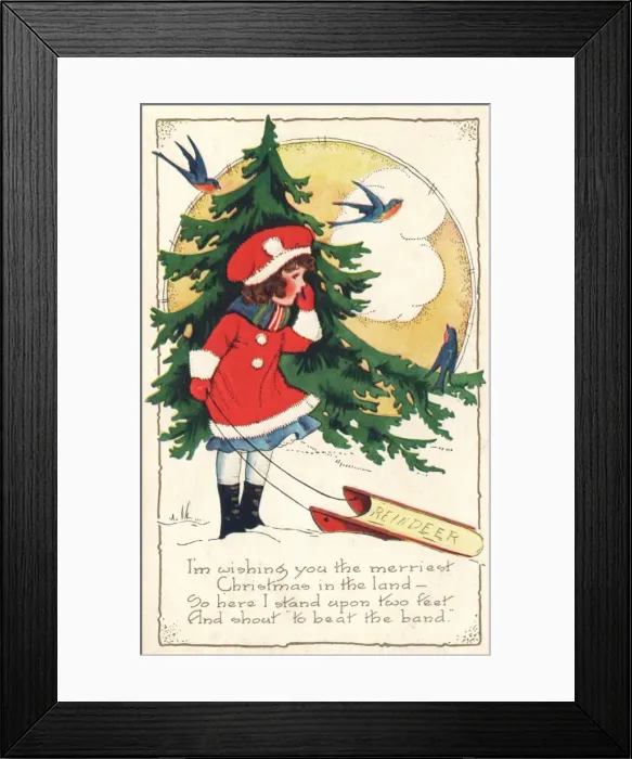 Framed Print : Girl with sledge in front of fir tree
