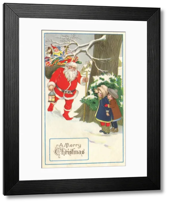 Framed Print : Children peering round a tree at Father Christmas Framed Print : Children peering round a tree at Father Christmas