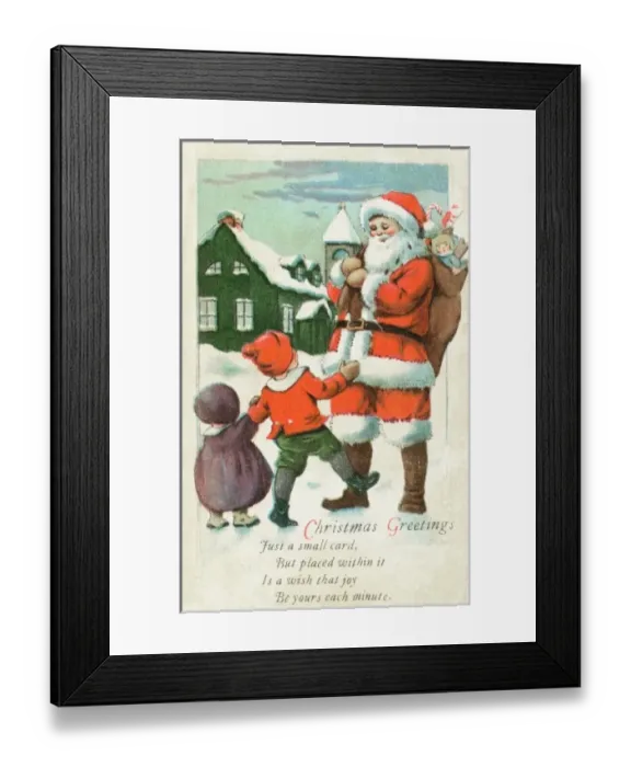 Framed Print : Two children meet Father Christmas in the snow Framed Print : Two children meet Father Christmas in the snow