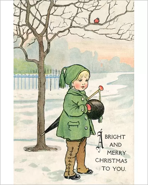 Wintry scene with little boy and robin
