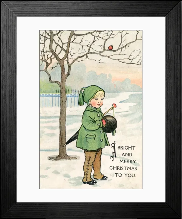Framed Print : Wintry scene with little boy and robin Framed Print : Wintry scene with little boy and robin