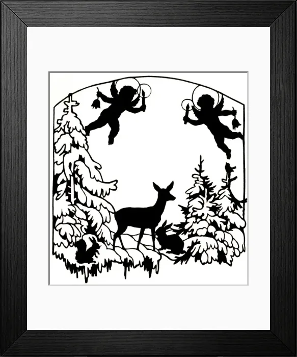 Framed Print : Winter silhouette with a deer, rabbit, squirrel and angels Framed Print : Winter silhouette with a deer, rabbit, squirrel and angels