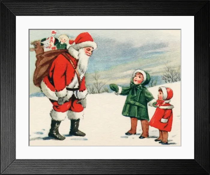 Framed Print : Father Christmas with two small children in the snow Framed Print : Father Christmas with two small children in the snow