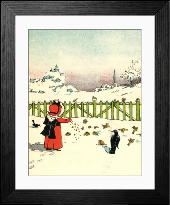Framed Print : Child feeding the birds in the snow Framed Print : Child feeding the birds in the snow