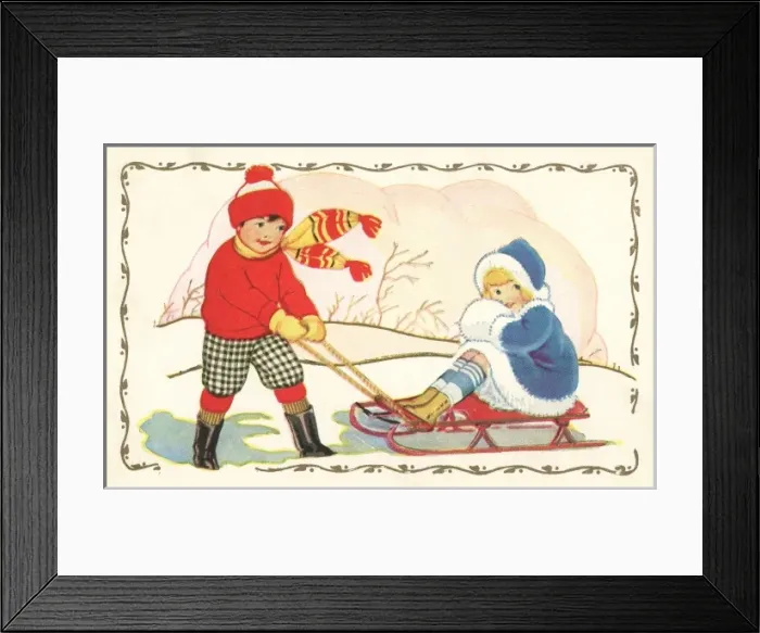 Framed Print : Boy pulling his sweetheart on a sledge Framed Print : Boy pulling his sweetheart on a sledge