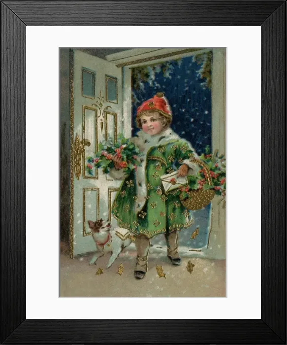 Framed Print : Little girl carrying basket of holly Framed Print : Little girl carrying basket of holly