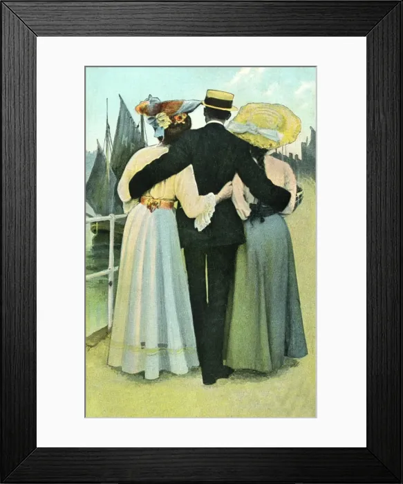 Framed Print : Gentleman strolling by the seafront with two women Framed Print : Gentleman strolling by the seafront with two women