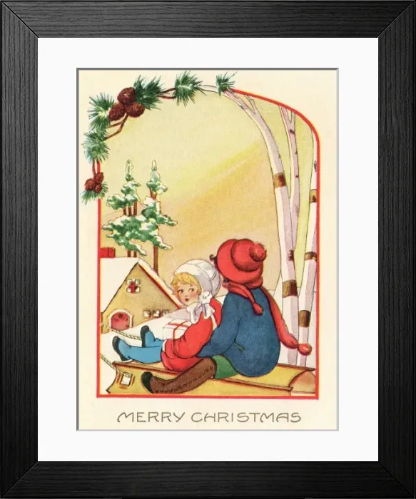 Framed Print : Two little children on a sledge Framed Print : Two little children on a sledge