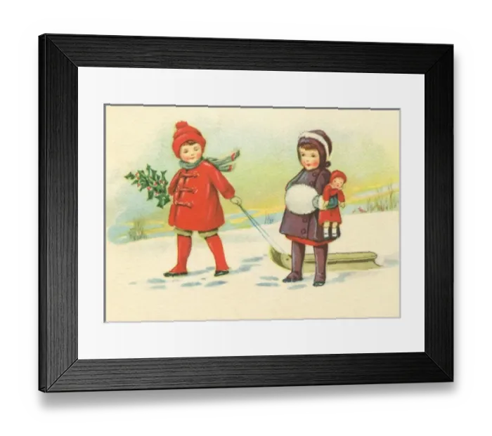 Framed Print : Children out in the snow with a sledge Framed Print : Children out in the snow with a sledge