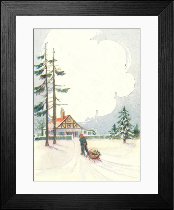 Framed Print : Boy carrying Christmas presents home on his sledge Framed Print : Boy carrying Christmas presents home on his sledge