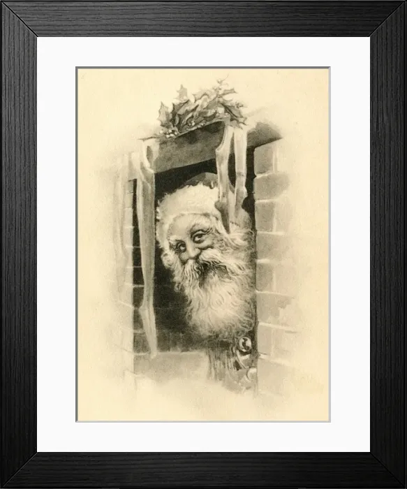 Framed Print : Father Christmas peeking out through the chimney Framed Print : Father Christmas peeking out through the chimney