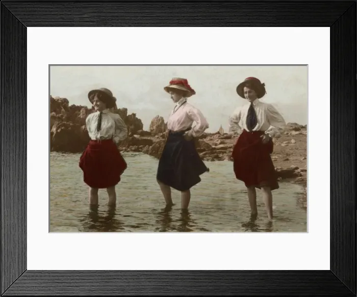 Framed Print : Three women go paddling at the seaside Framed Print : Three women go paddling at the seaside