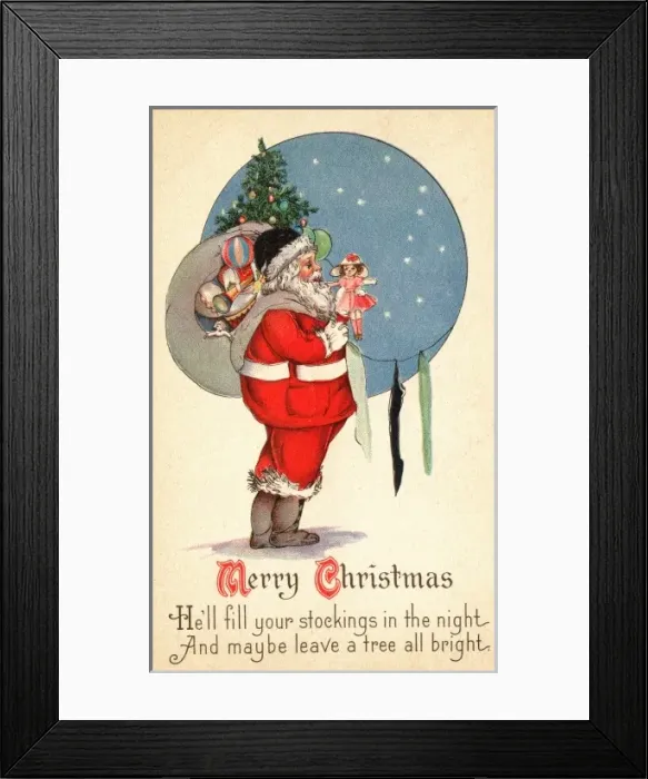 Framed Print : Father Christmas filling up the stockings Framed Print : Father Christmas filling up the stockings