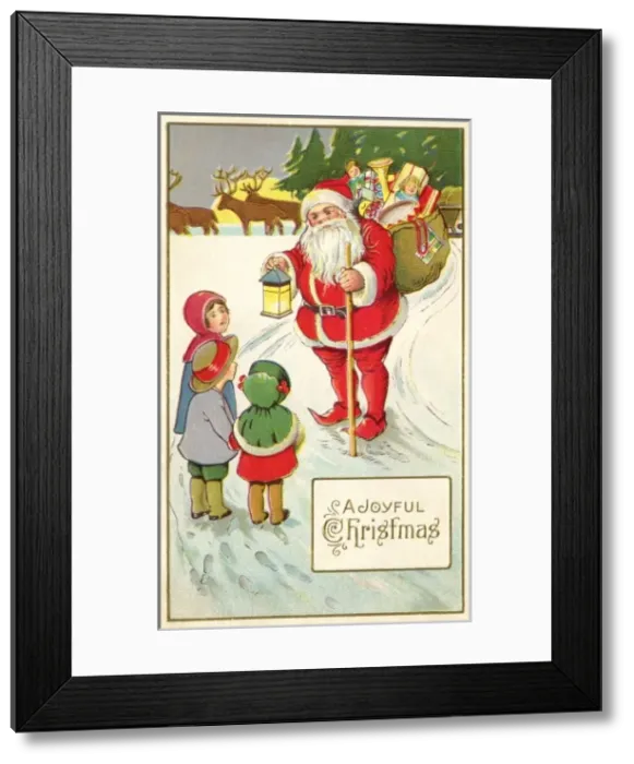 Framed Print : Father Christmas meets three little children out in the snow Framed Print : Father Christmas meets three little children out in the snow