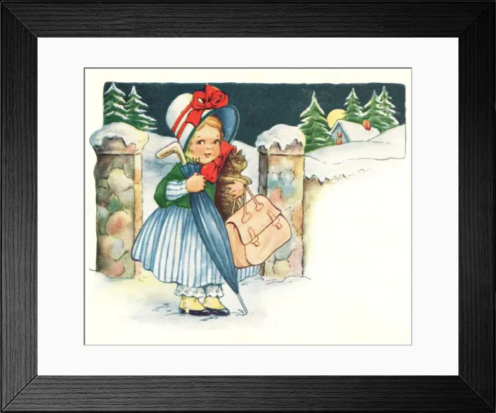 Framed Print : Little girl walking through snow with cat Framed Print : Little girl walking through snow with cat
