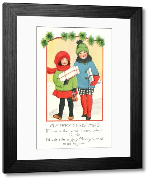 Framed Print : Children carrying presents in the snow Framed Print : Children carrying presents in the snow