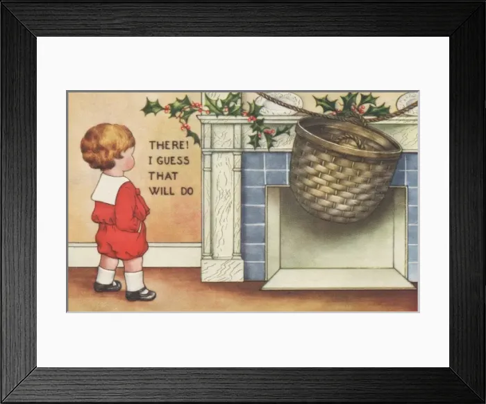 Framed Print : A boy ties a large basket to the mantle-piece Framed Print : A boy ties a large basket to the mantle-piece