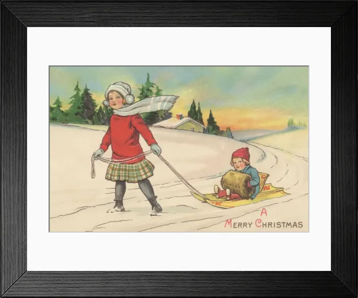 Framed Print : Girl pulling her little brother along on a sledge Framed Print : Girl pulling her little brother along on a sledge