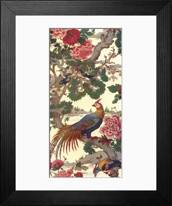 Framed Print : Wallpaper design depicting exotic birds on branch Framed Print : Wallpaper design depicting exotic birds on branch