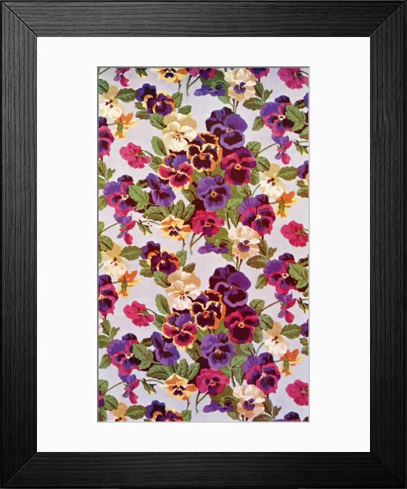Framed Print : Printed linen design depicting brightly coloured pansies Framed Print : Printed linen design depicting brightly coloured pansies