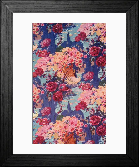 Framed Print : Fabric design with pink flowers and birds Framed Print : Fabric design with pink flowers and birds