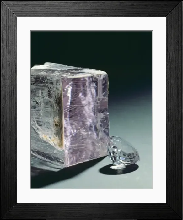 Framed Print : Kunzite crystal and cut stone Framed Print : Kunzite crystal and cut stone
