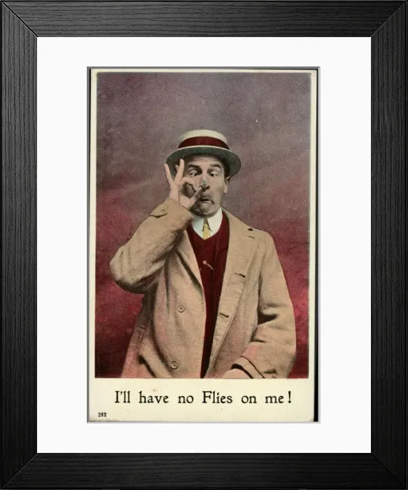Framed Print : Postcard. A postcard featuring a man with a fly on his nose Framed Print : Postcard. A postcard featuring a man with a fly on his nose